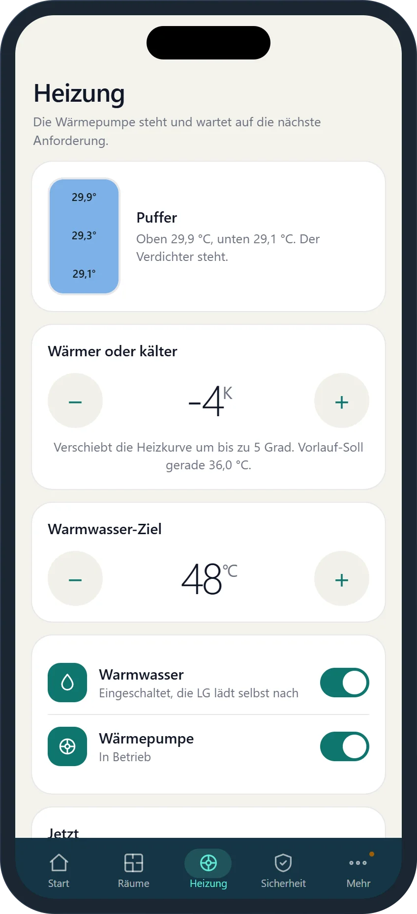 Heizungsseite in der App