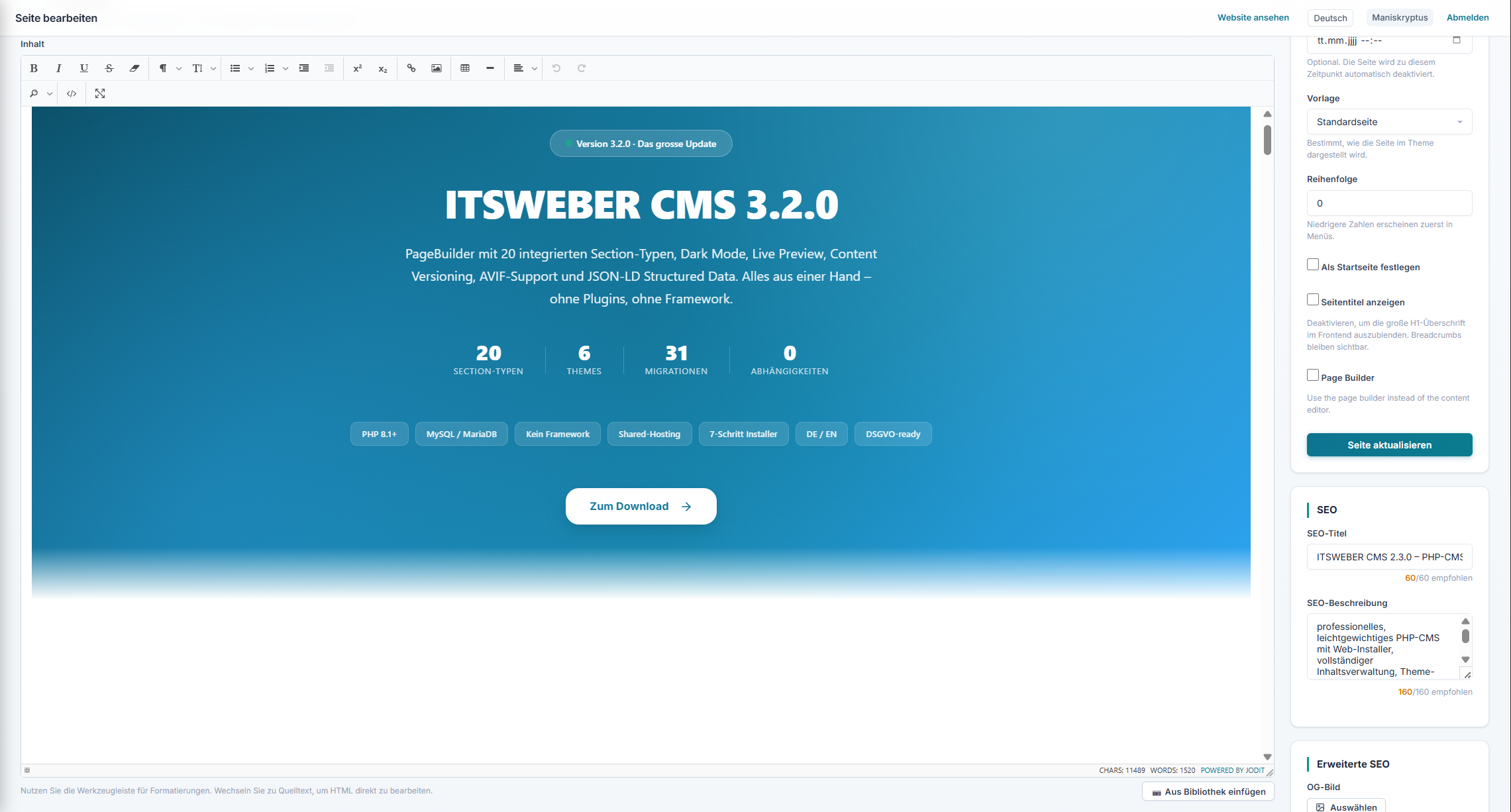 Seiten-Editor mit Extended SEO