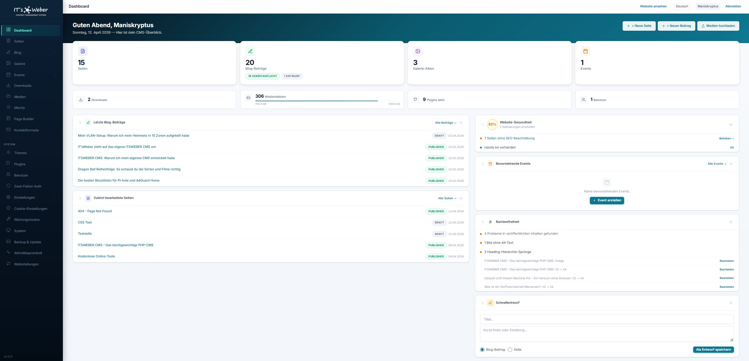 ITSWEBER CMS v3.3.0 Admin-Dashboard mit A11y-Widget