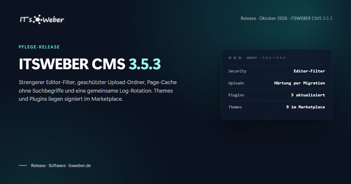 Beitragsbild ITSWEBER CMS 3.5.3, Pflege-Release mit strengerem Editor-Filter und geschütztem Upload-Ordner