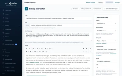 Beitrags-Editor im ITSWEBER CMS mit Kurzfassung, Kategorie, Schlagwörtern und Serie