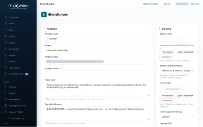 Allgemeine Einstellungen im ITSWEBER CMS mit Website-Name, Kontakt, Fußzeile und Branding