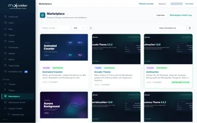 Marketplace im ITSWEBER CMS mit kostenlosen Themes und Plugins zum Installieren