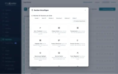Page Builder im ITSWEBER CMS mit geöffneter Bibliothek zum Hinzufügen von Sections