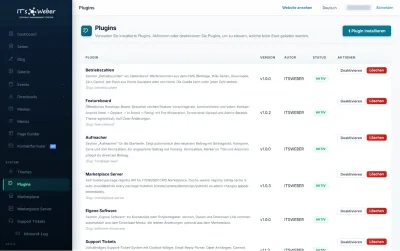Plugin-Verwaltung im ITSWEBER CMS mit Version, Autor und Status der installierten Plugins