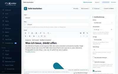 Seiten-Editor im ITSWEBER CMS mit Titel, Slug, Werkzeugleiste und Veröffentlichungs-Optionen