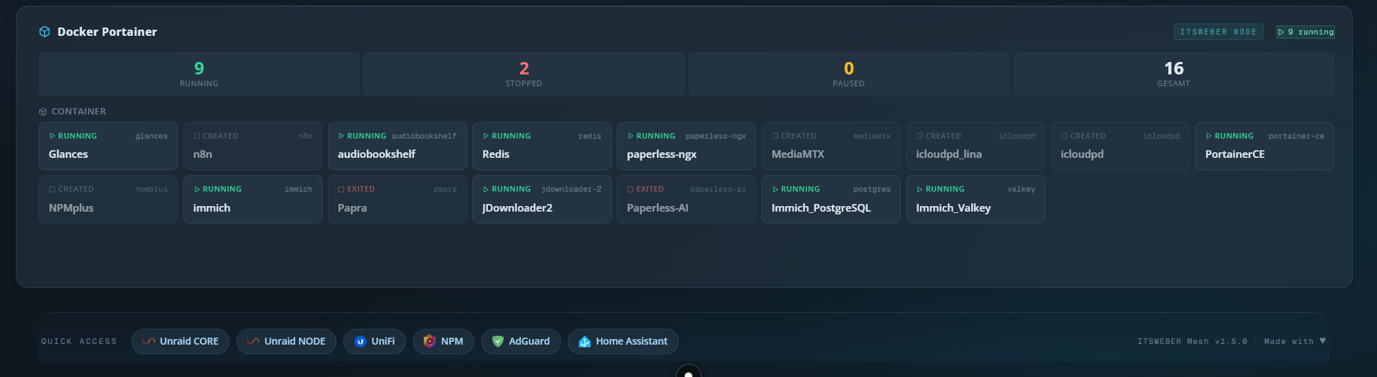 Portainer Widget mit Containerliste und Statuschips