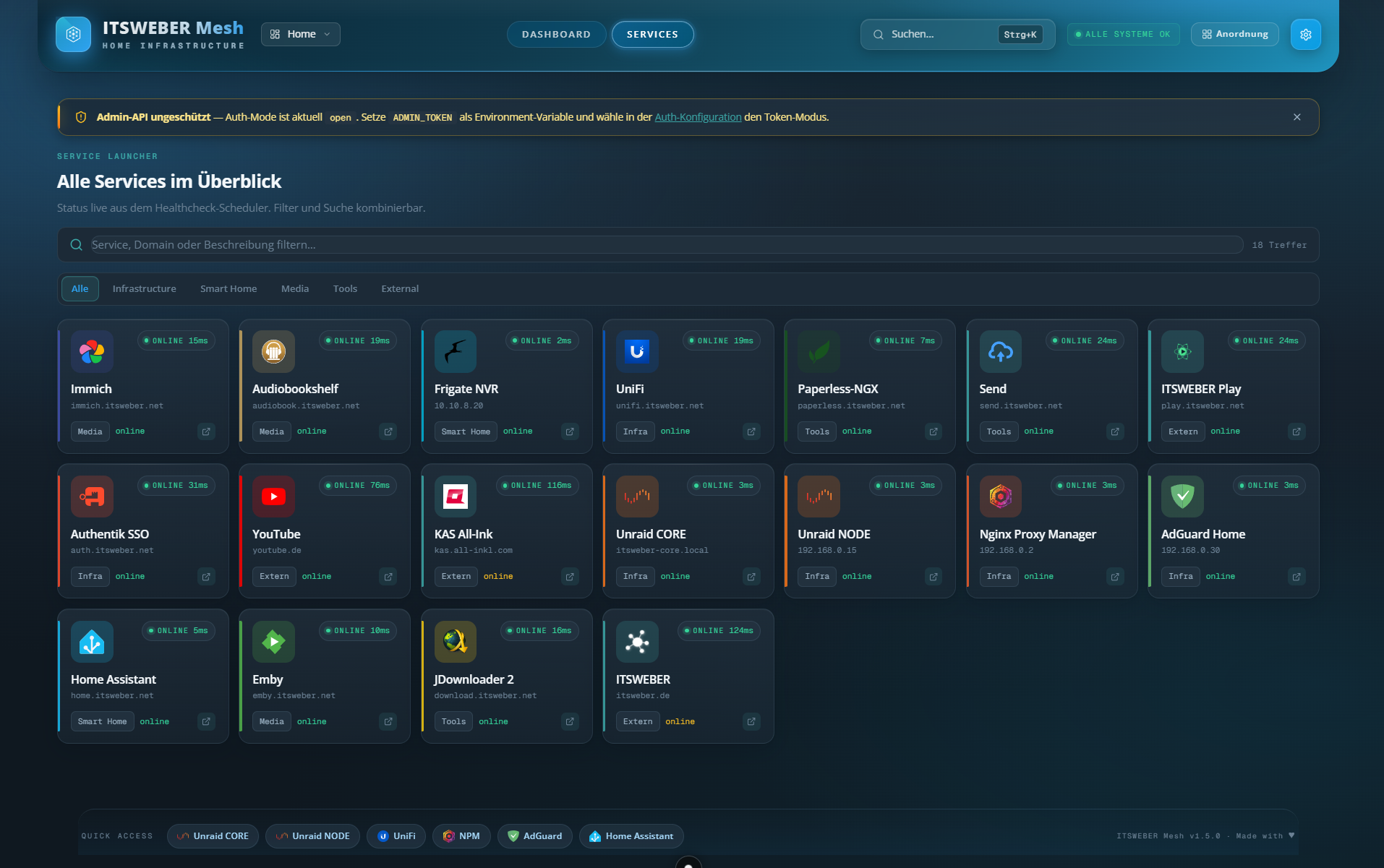 Service Launcher mit Suche, Kategorien und Statusinformationen