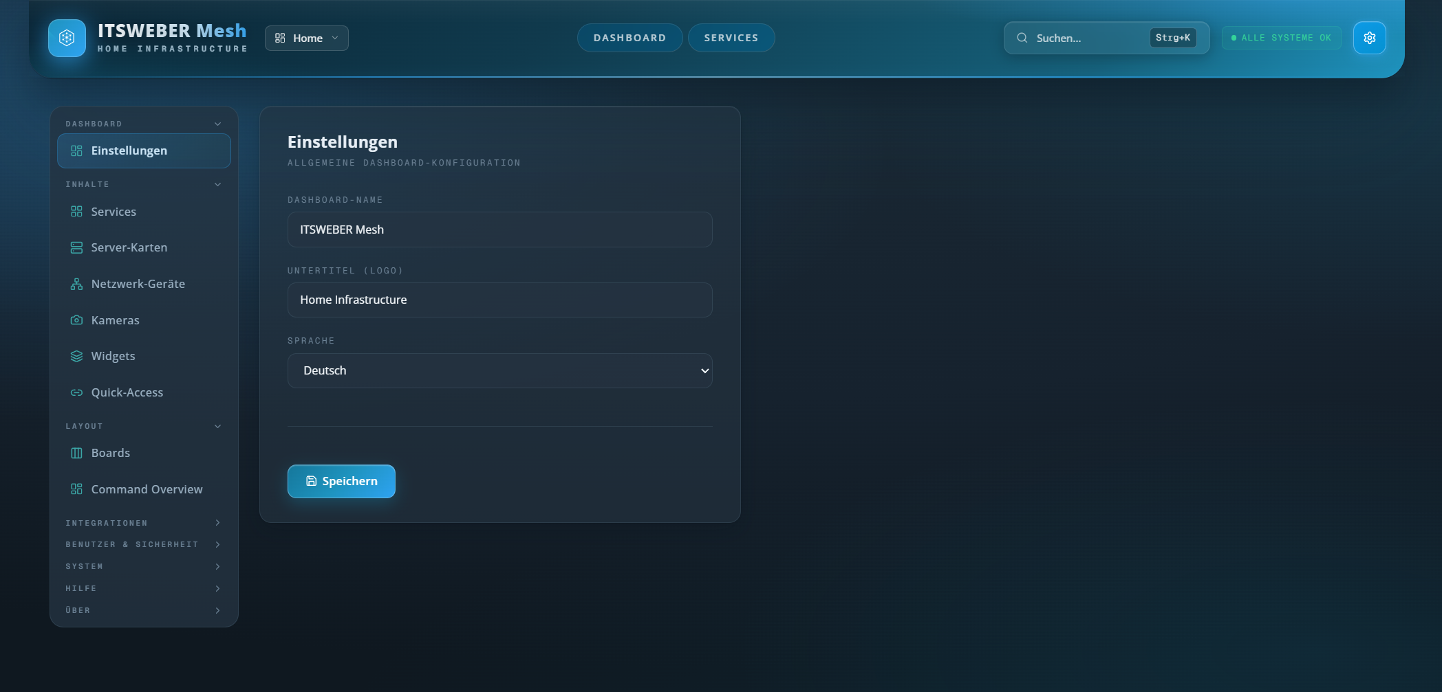 Admin Settings mit Dashboard Name, Subtitle und Sprache