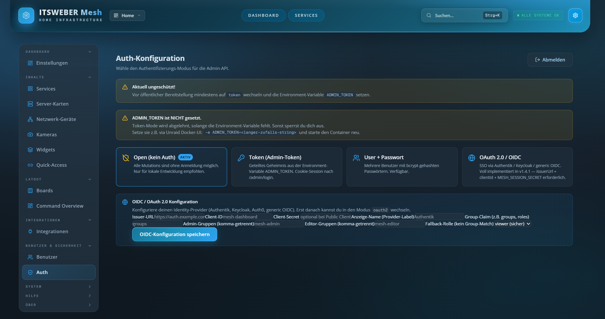 Admin Auth Konfiguration mit Open, Token, User Password und OAuth2