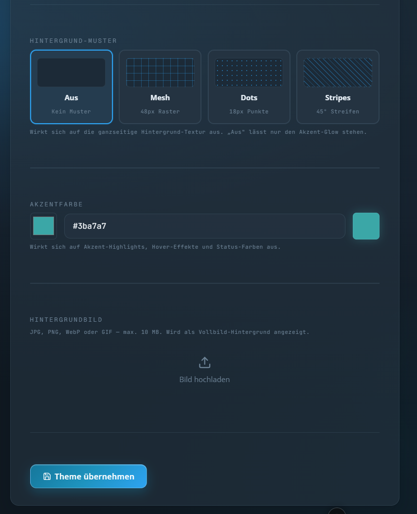 Theme Optionen mit Pattern, Akzentfarbe und Hintergrundbild