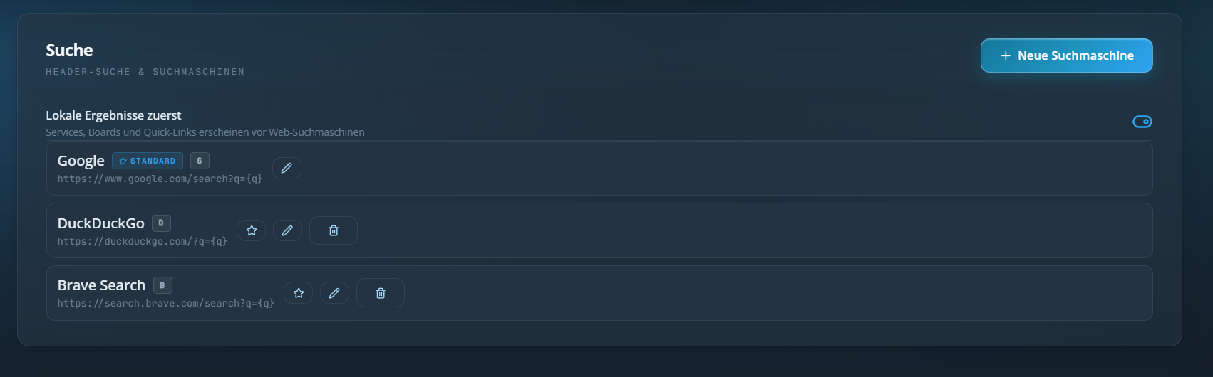 Admin Suchmaschinen Konfiguration für Command Palette