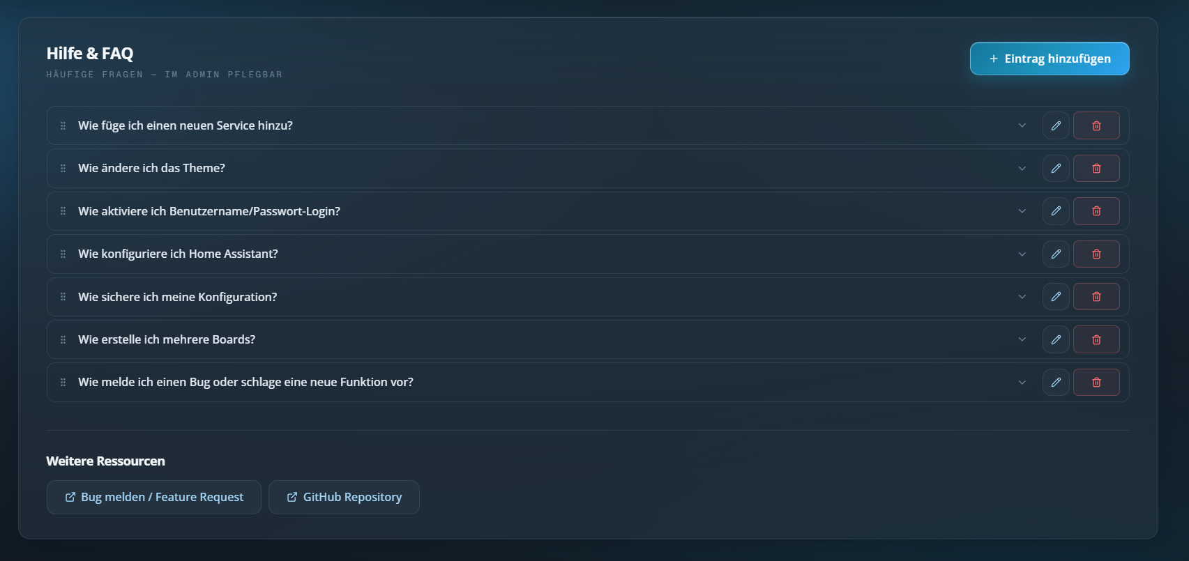 Admin Help und FAQ Bereich mit editierbaren Einträgen