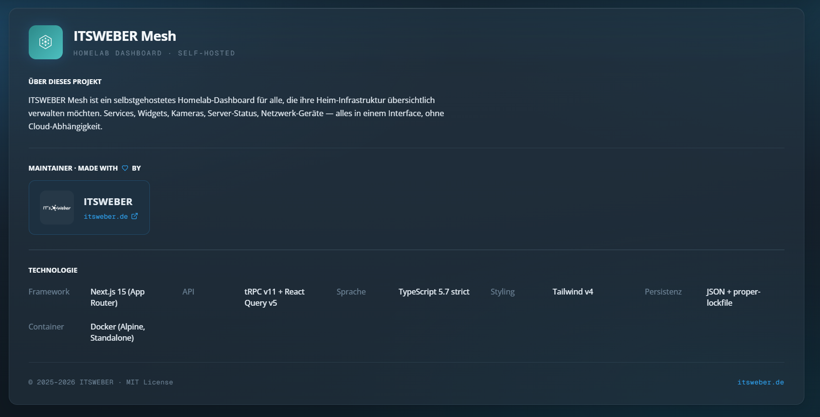 Admin About Seite mit Projektidentität und Tech Stack