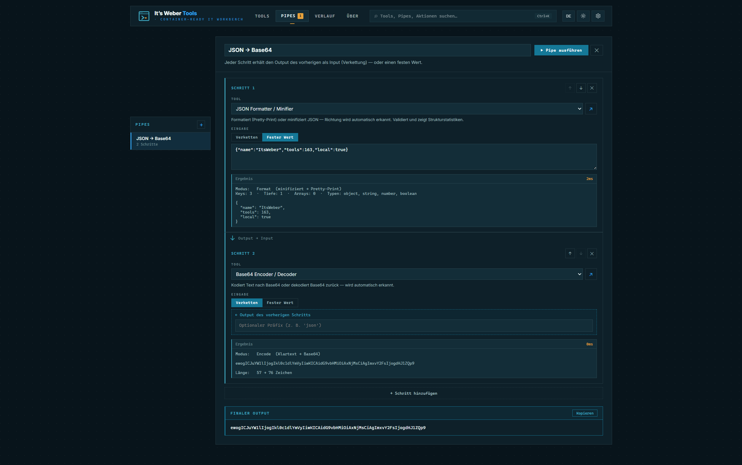 Pipe-System: JSON Formatter → Base64 Encoder, finaler Output-Panel