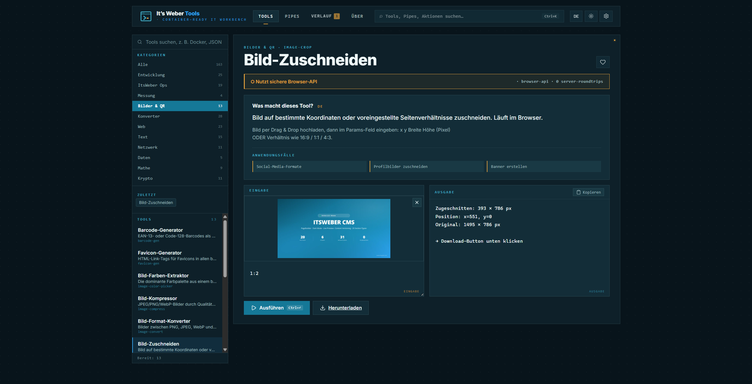 Workbench mit Drag-and-Drop Bild-Crop, Live-Vorschau und Download