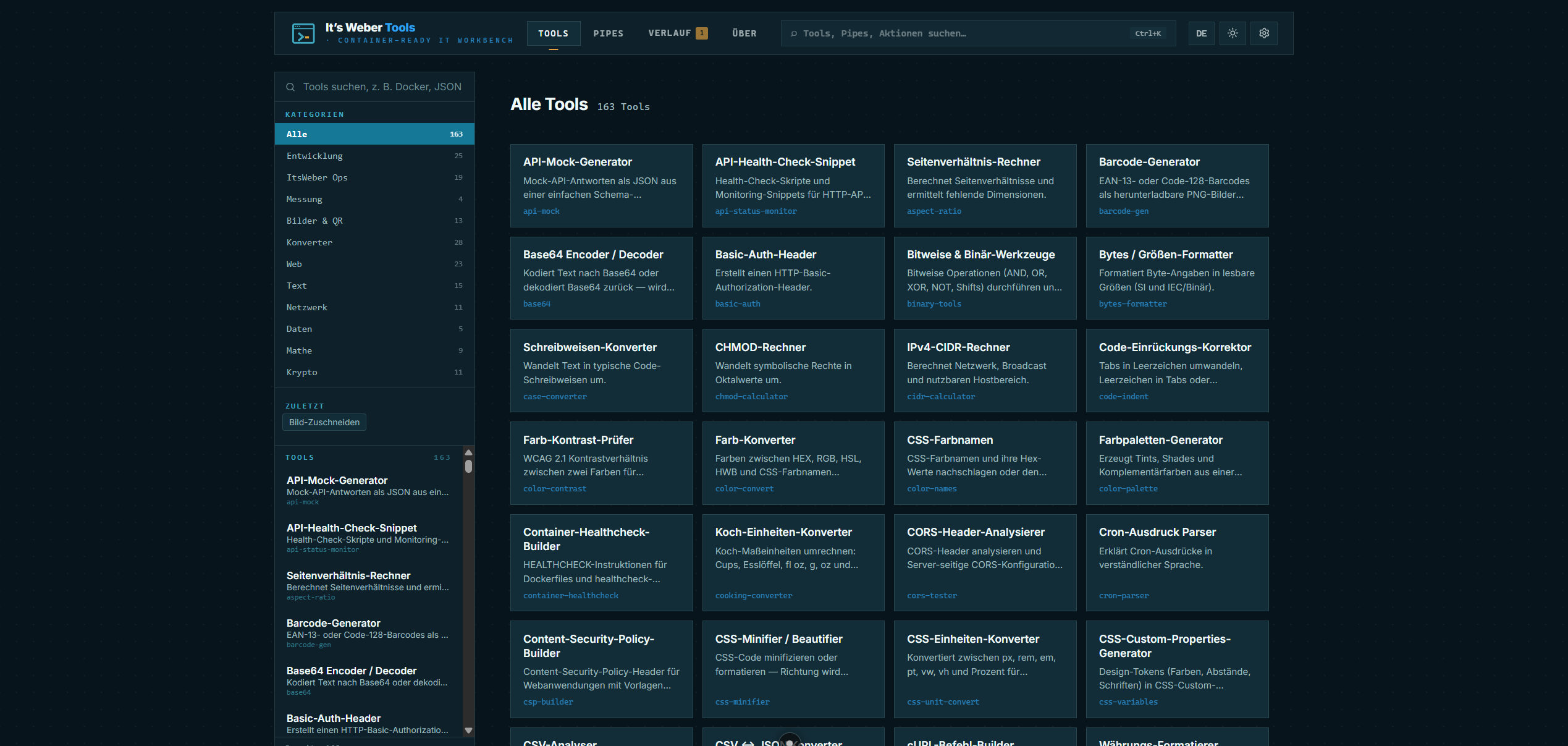 Grid-Ansicht aller 163 Tools, filterbar nach Kategorie