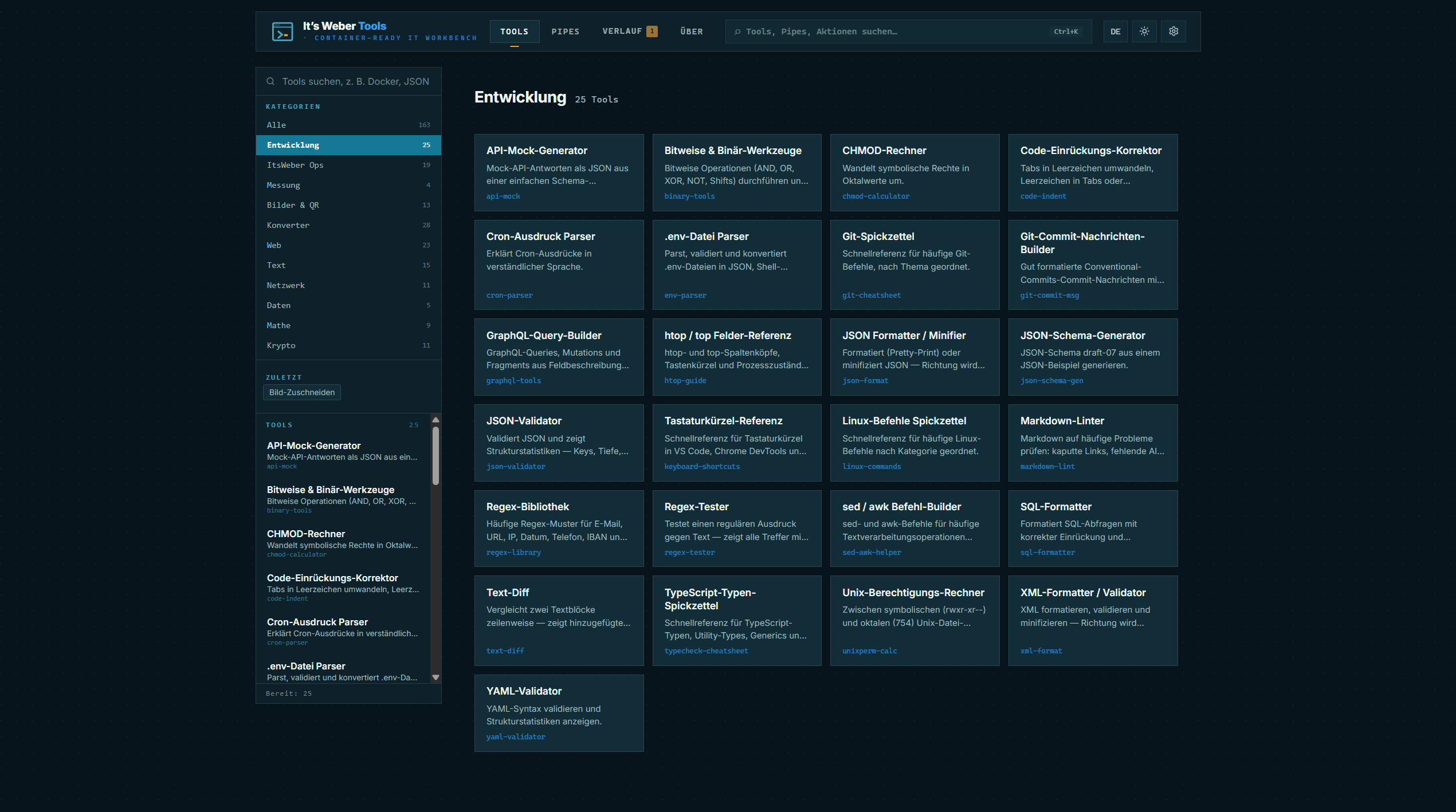 Development Kategorie: 28 Tools — JSON, Regex, SQL, Docker, Markdown, Diff