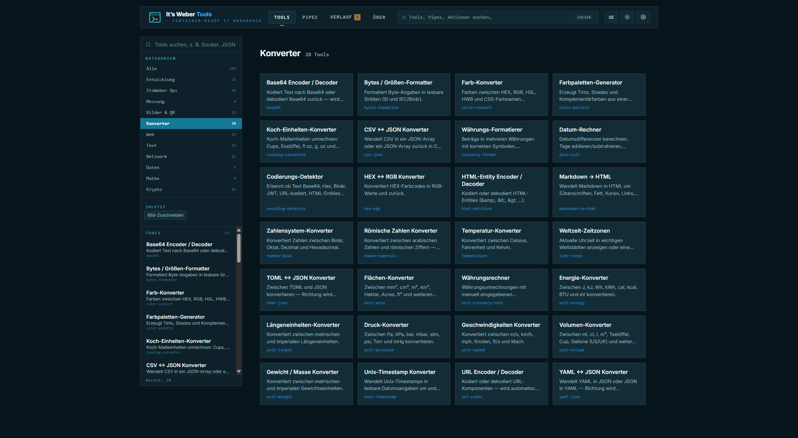 Converter Kategorie: 24 Tools — Base64, URL, CSV, YAML, TOML, Hex und mehr