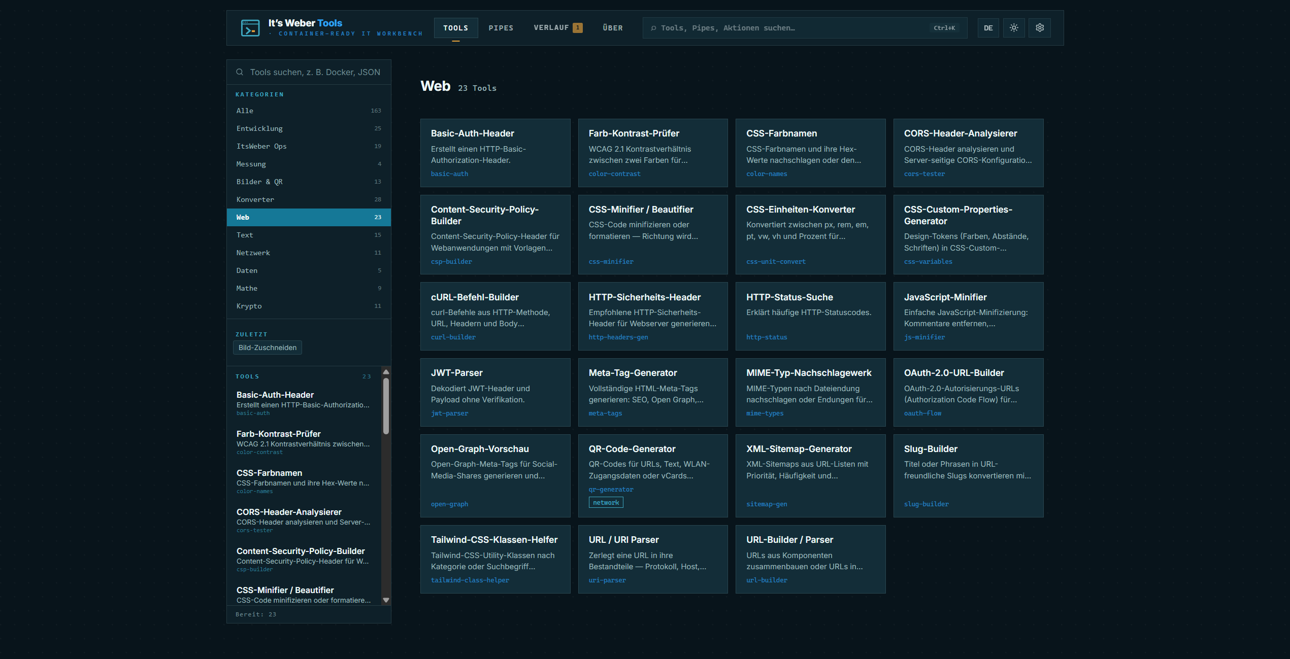 Web Kategorie: URL-Parser, HTTP-Status, Basic Auth, Color Tools, CORS-Tester