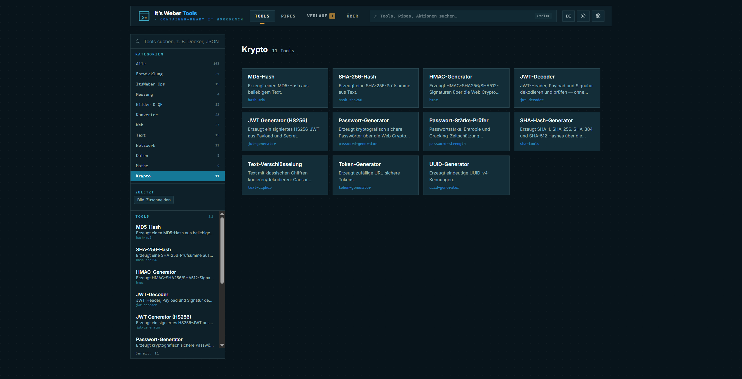 Crypto Kategorie: 12 Tools — SHA-256, HMAC, bcrypt, AES, JWT, htpasswd