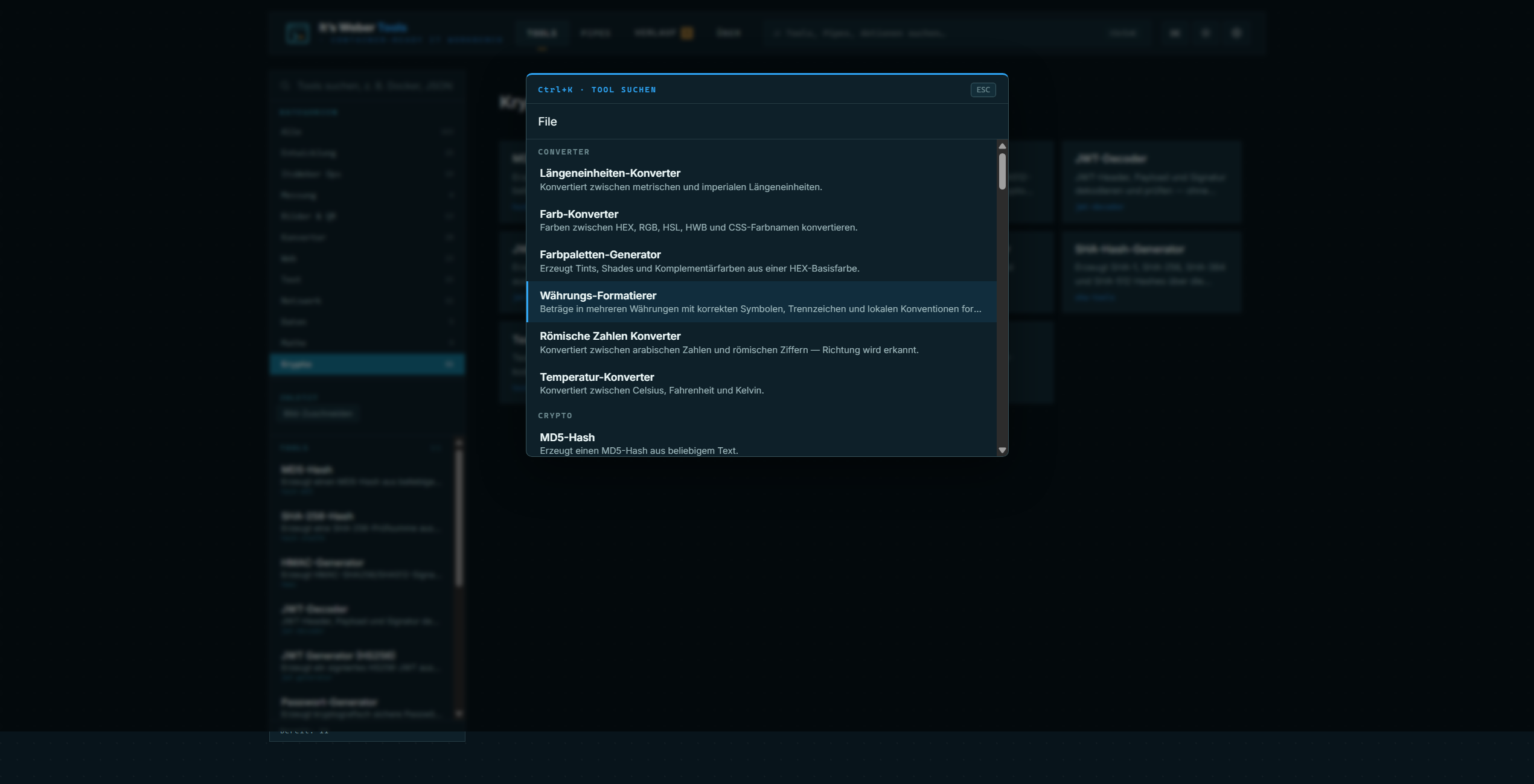 Ctrl+K Command Palette mit Fuzzy-Suche über alle Tools, Pipes und Aktionen