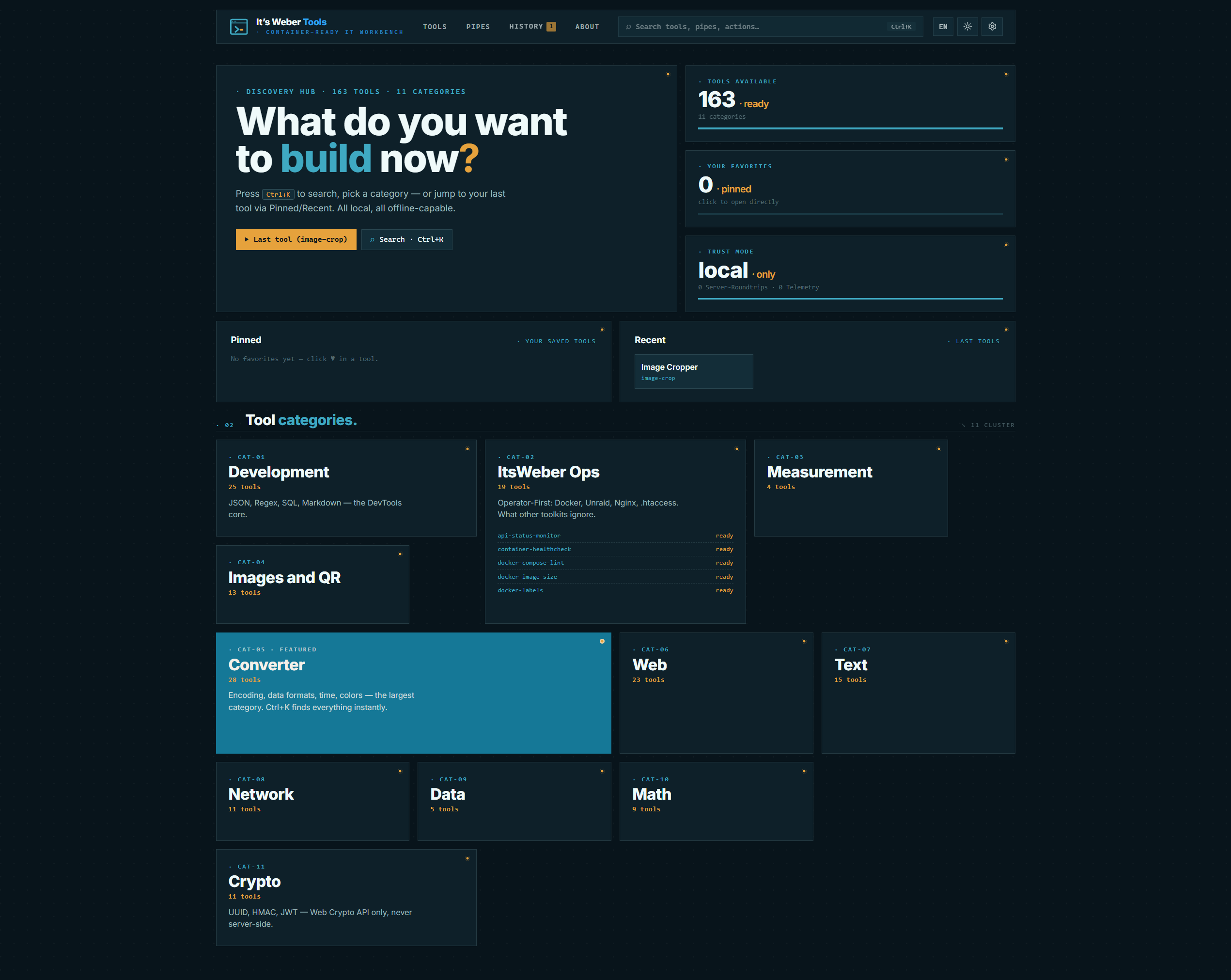 ItsWeber Tools Discovery Hub, Dark Mode, englisch — alle 163 Tools nach Kategorie
