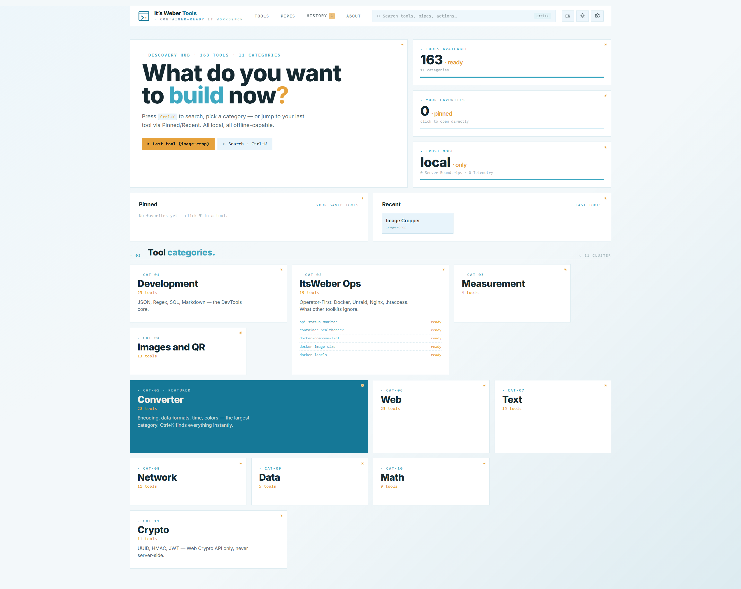 ItsWeber Tools Discovery Hub, Light Mode — Kategoriefilter, Pinned und Recent