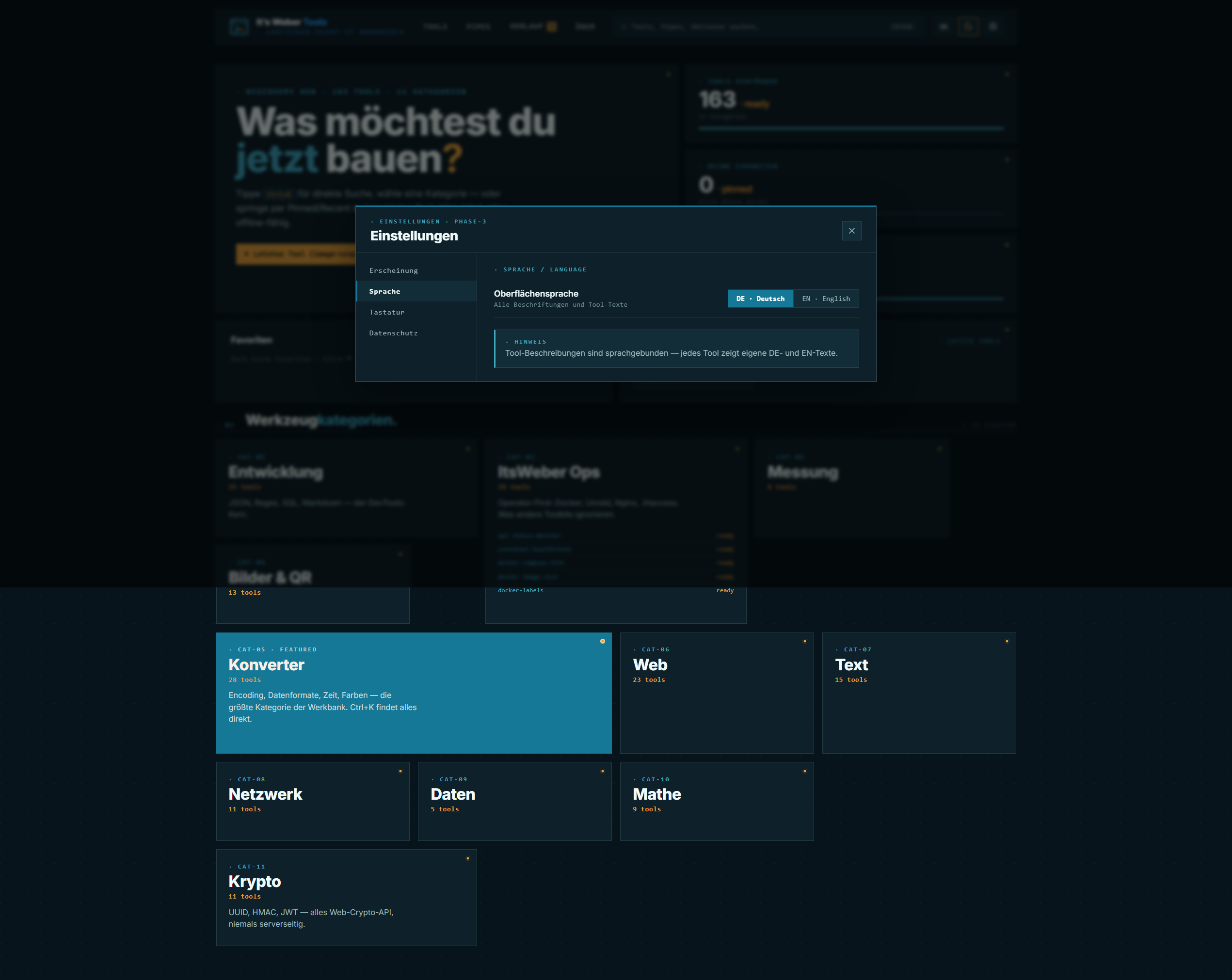 Settings Panel: Sprach-Toggle DE/EN ohne Reload
