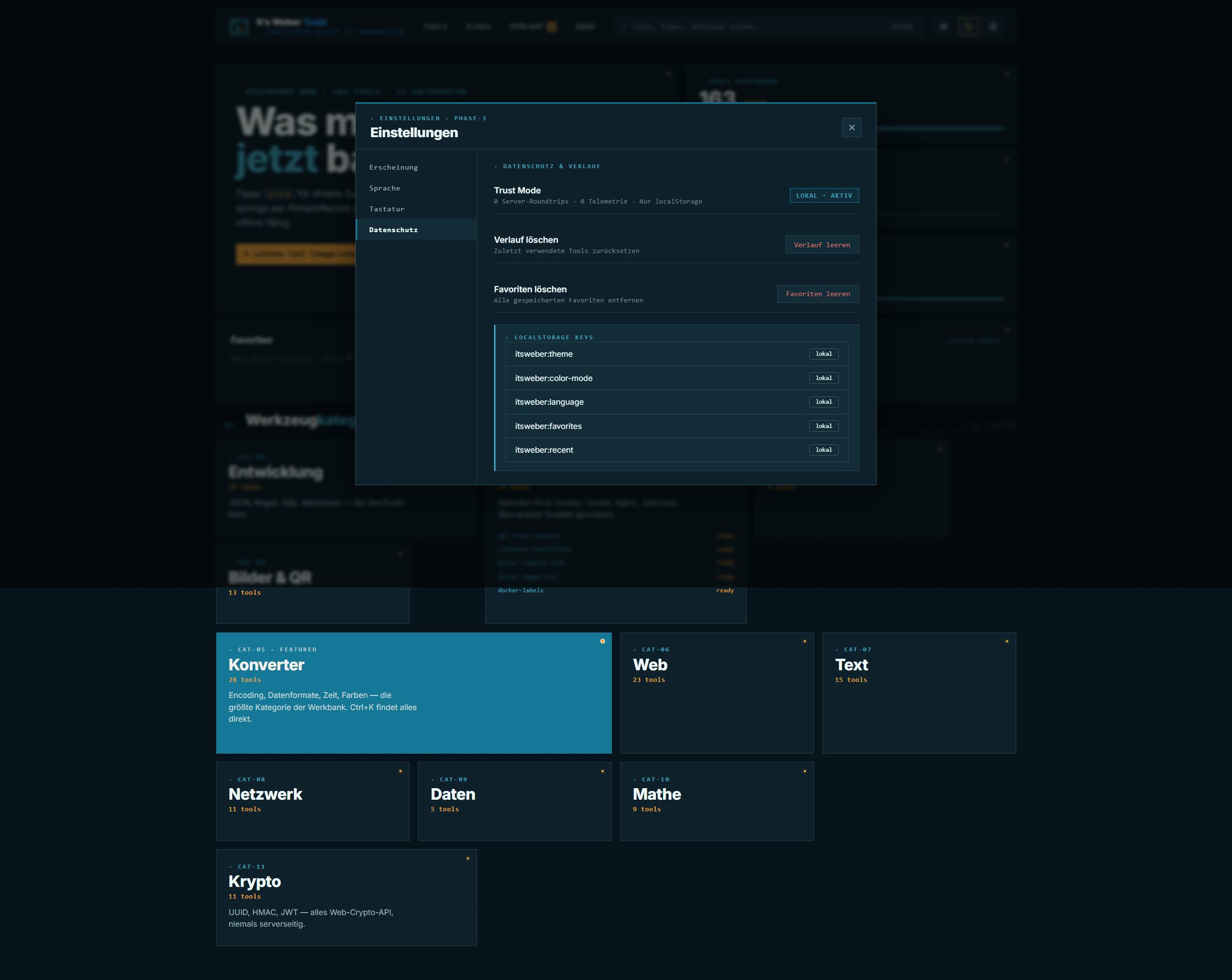 Settings Privacy-Tab: Trust Mode, History löschen, localStorage Export