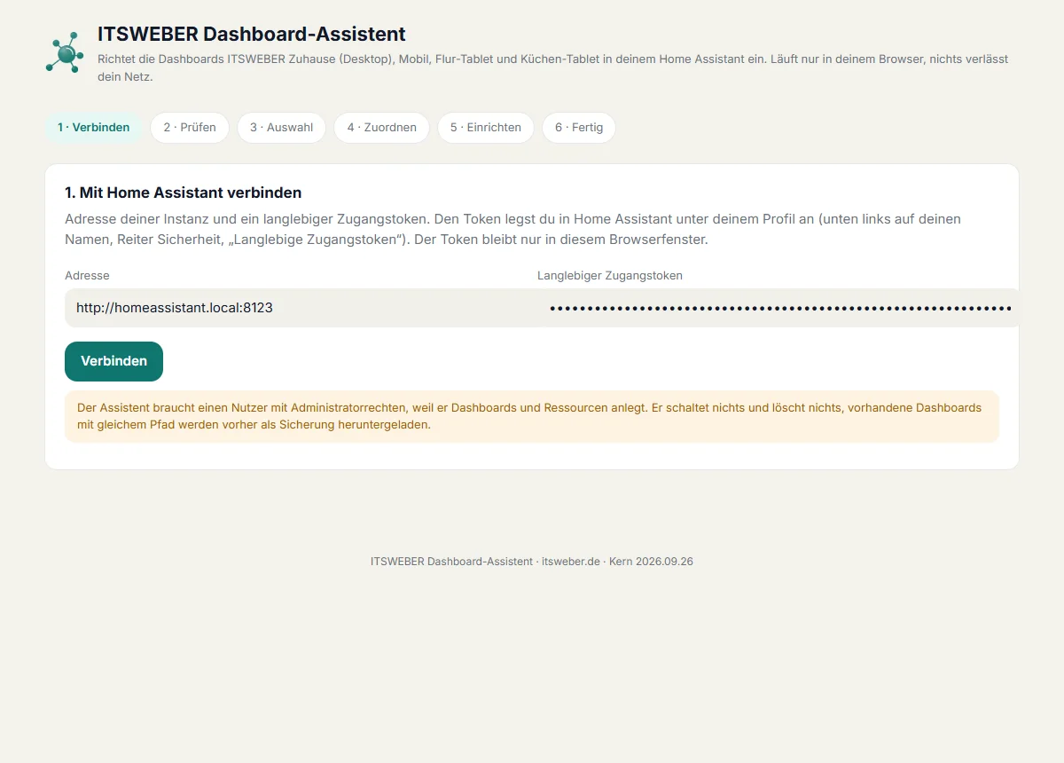 Schritt 1 des Assistenten, Adresse und Token